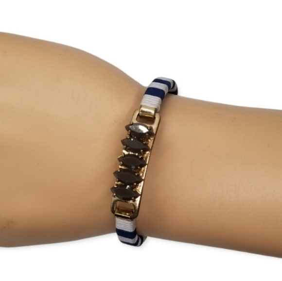 J.CREW VINTAGE BLUE & WHITE STRIPED & JEWEL DETAIL HINGED GOLDTONE BRACELET - Picture 1 of 7